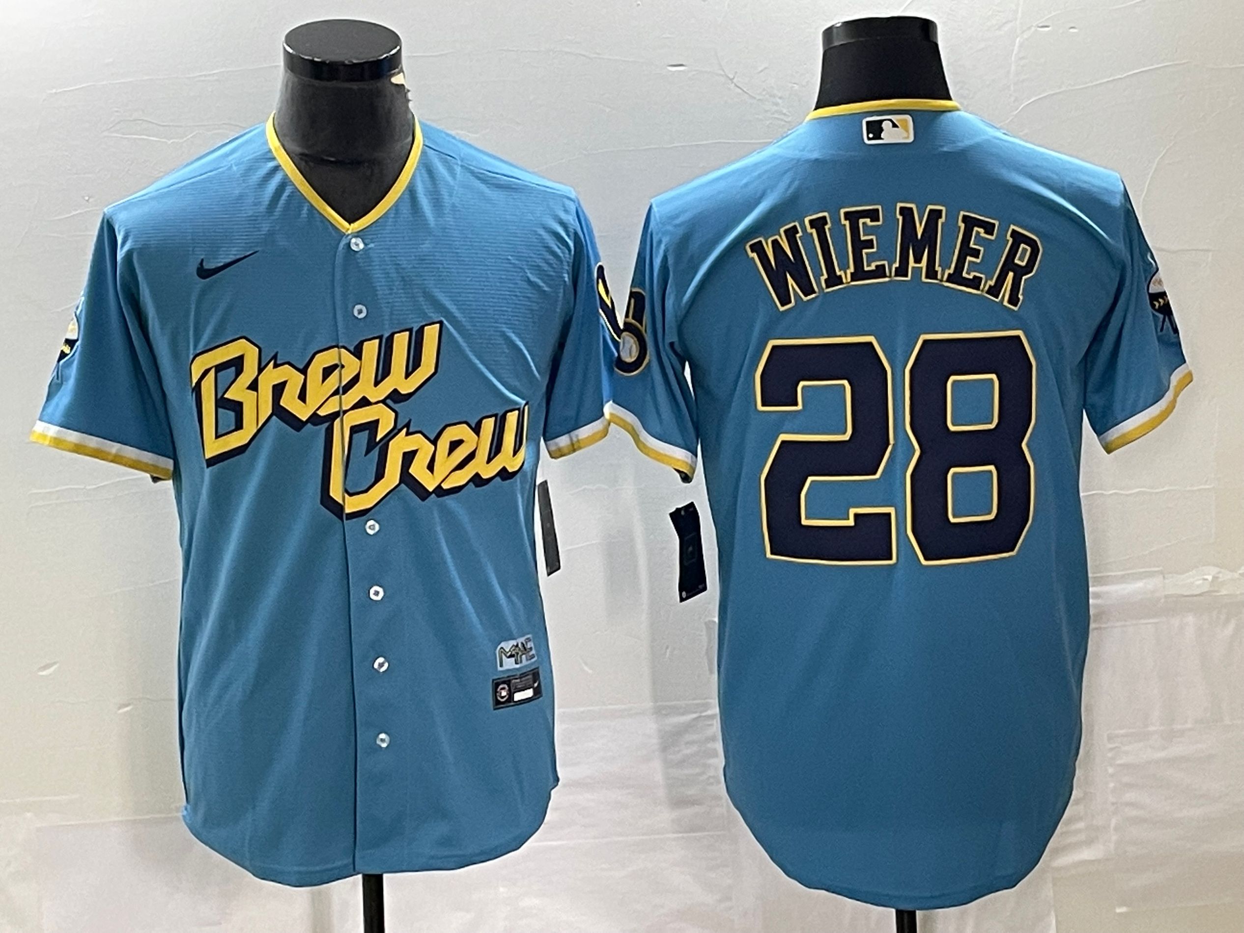 Men's Milwaukee Brewers #28 Joey Wiemer 2022 Powder Blue City Connect Cool Base Stitched Jersey